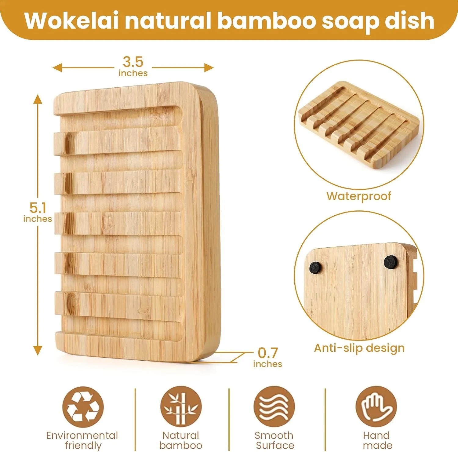 2 Pack Bamboo Wooden Soap Dish Holder Tray, Wood Bar Soap Saver Self Draining Soap Case for Shower, Bathroom, Kitchen, Bath Tub, Razor, Sponges, Counter Top, Waterfall Drain