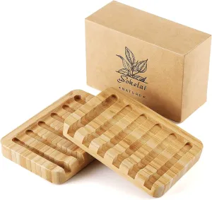2 Pack Bamboo Wooden Soap Dish Holder Tray, Wood Bar Soap Saver Self Draining Soap Case for Shower, Bathroom, Kitchen, Bath Tub, Razor, Sponges, Counter Top, Waterfall Drain