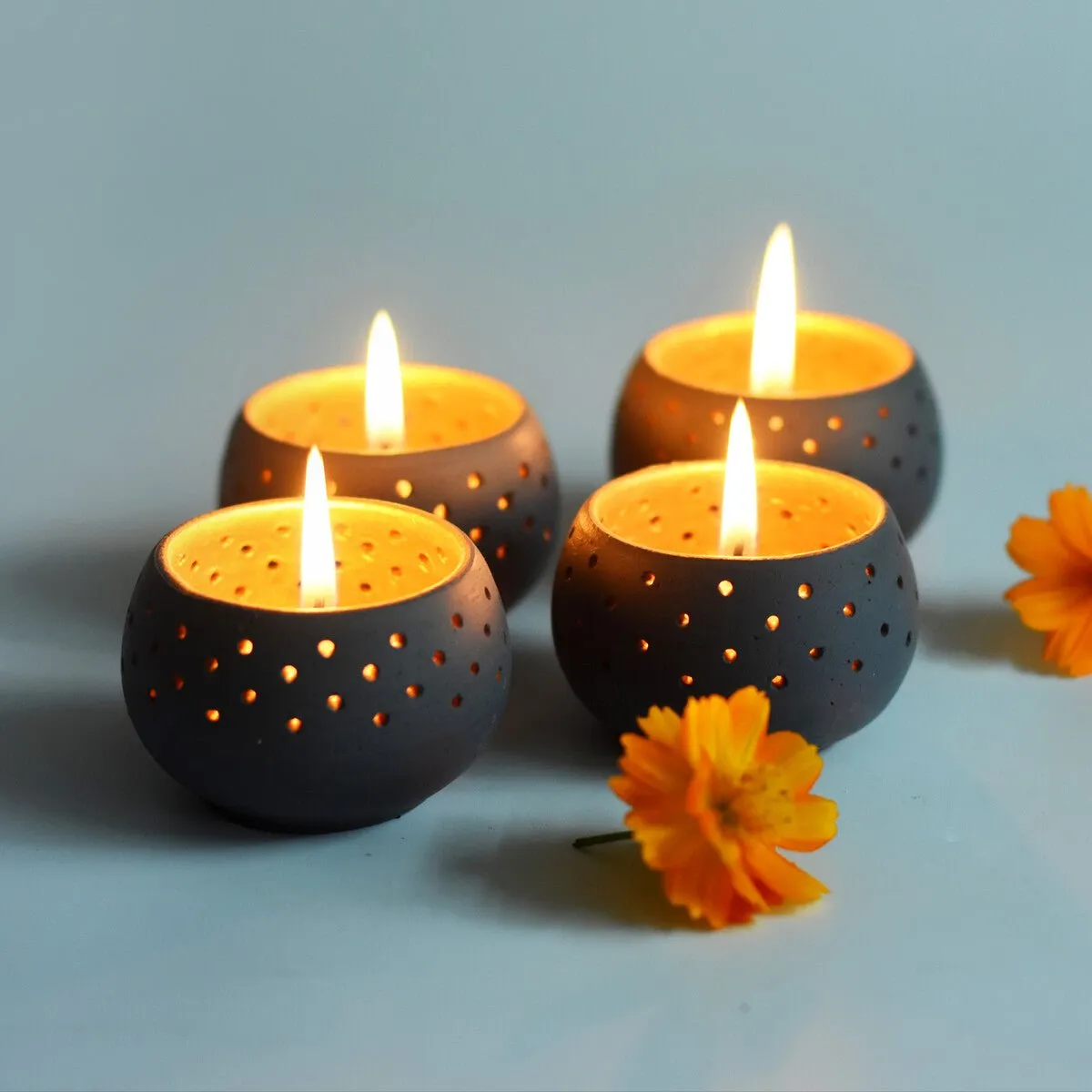 Dome Grey Handmade Candle Holders- Set of 4 with Free 4 Soywax Candles